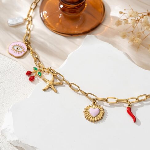 Trendy Stainless Steel Gold Plated Charm Necklace with Heart Pearl Pepper Conch Ceramic Pendant Necklace for Women Collares Chokers Jewelry in Saudi Arabia