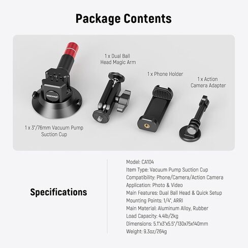 Neewer Dual Suction Cup Car Mount Kit with 360° Ball Head Magic Arm, Quick Release Air Pump Vacuum Camera Mount with Phone Holder & Action Camera Adapter Compatible with Insta360 DJI OSMO, CA066 in Saudi Arabia