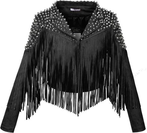 Faux Suede Fringe Faux Suede Leather Spike Rivet jacket for Women Long tassel slim fit motorcycle coat in Saudi Arabia
