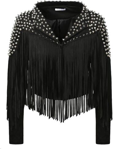 Faux Suede Fringe Faux Suede Leather Spike Rivet jacket for Women Long tassel slim fit motorcycle coat in Saudi Arabia