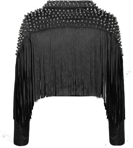 Faux Suede Fringe Faux Suede Leather Spike Rivet jacket for Women Long tassel slim fit motorcycle coat in Saudi Arabia