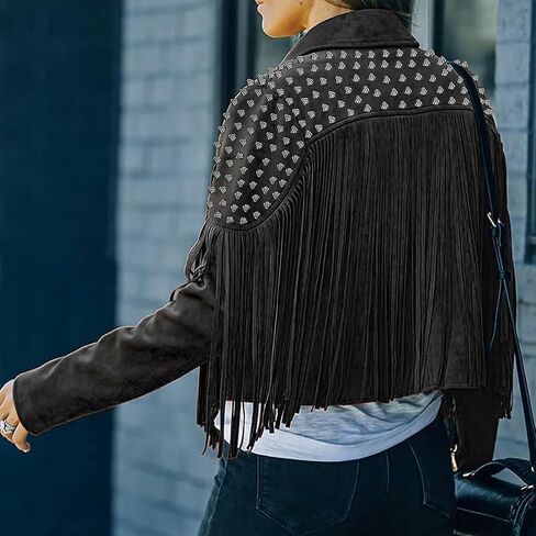 Faux Suede Fringe Faux Suede Leather Spike Rivet jacket for Women Long tassel slim fit motorcycle coat in Saudi Arabia