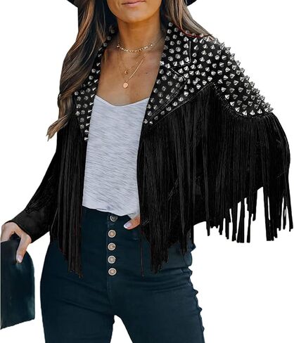 Faux Suede Fringe Faux Suede Leather Spike Rivet jacket for Women Long tassel slim fit motorcycle coat in Saudi Arabia