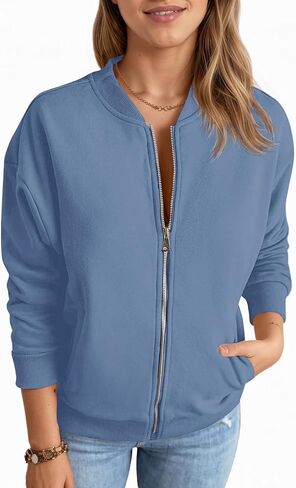 Fisoew Womens Zip Up Long Sleeve Sweatshirt Jacket Casual Loose Coats With Pockets in Saudi Arabia