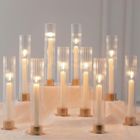 NUPTIO Hurricane Candle Holder for Centerpiece: Set of 10 Metal Taper Candle Holders with Fluted Glass Cylinders - Gold Candlestick Holders Bulk for Outdoor Party Dinner Wedding Table Decoration in Saudi Arabia