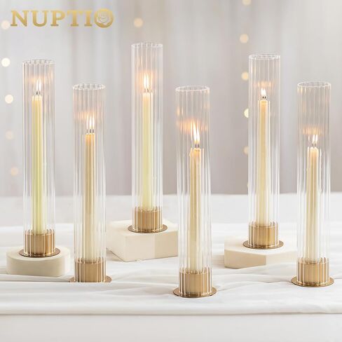 NUPTIO Hurricane Candle Holder for Centerpiece: Set of 10 Metal Taper Candle Holders with Fluted Glass Cylinders - Gold Candlestick Holders Bulk for Outdoor Party Dinner Wedding Table Decoration in Saudi Arabia