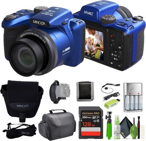 MINOLTA MN40Z 20 Mega Pixels 40x Optical Zoom Digital Camera with 1080p FHD Video, Black, Bundle with 64GB Memory Card + Vlog Tripod + 4xAA Battery with Charger + Accessories in Kuwait