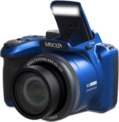 MINOLTA MN40Z 20 Mega Pixels 40x Optical Zoom Digital Camera with 1080p FHD Video, Black, Bundle with 64GB Memory Card + Vlog Tripod + 4xAA Battery with Charger + Accessories in Kuwait