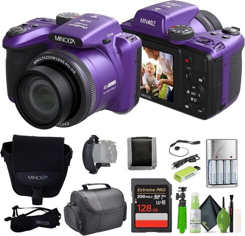 MINOLTA MN40Z 20 Mega Pixels 40x Optical Zoom Digital Camera with 1080p FHD Video, Black, Bundle with 64GB Memory Card + Vlog Tripod + 4xAA Battery with Charger + Accessories in Kuwait