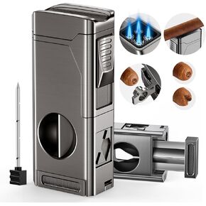Cigar Torch Lighter, 4 Jet Flame Cigar Lighter with Cigar Cutter V Cut Cigar Accessories Cigar Holder Cigar Punch Cigar Draw Enhancer, Windproof Refillable Butane Lighter, Cigar Gifts for Men