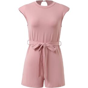 Women Summer Sleeveless Crew Neck Cap Sleeve Solid Tank Short Jumpsuit Romper