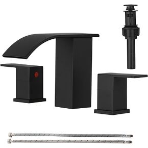 8 inch Bathroom Faucets Set Matte Black Bathroom Sink Faucet 3 Hole with Pop Up Drain Widespread 2 Handles Stainless Steel Lavatory Vanity Faucet Waterfall Spout Bathroom Faucet Deck Mounted