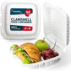 To Go Food Containers (60 Pack) 8" x 8" - 39oz Clamshell Take Out Reusable Disposable Boxes For Food 60 pcs White 1 Compartment Microwave & Freezer Safe Leakproof Small Cake Containers with Lids