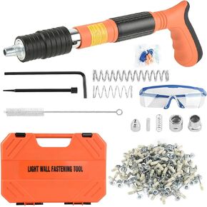 Nail Wall Fastening Tool with 110pcs Nails, 5 Speed Adjustable Manual Steel Nail Gun, Wall Fastening Power Tool, Portable Nail Shooting Machine for Ceiling/Wire Hider/Install Nail Shooting (Orange)