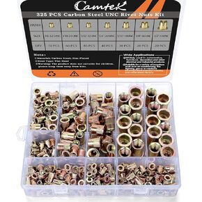 325PCS Rivet Nut Kit, 8-32#10-24 5/32"-32UNC 1/4''-20UNC 5/16''-18UNC 3/8''-16UNC 1/2"-13UNC Zinc Plated Carbon Steel Flat Head Rivnut Threaded Insert Rivet Nuts Assortment Set