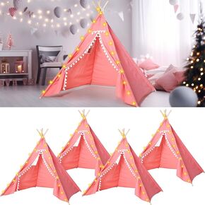 4 Pcs Teepee Tent for Kids with LED String Lights Cotton Linen Kids Play Tent Washable Foldable Toddler Tent for Boys Girls Sleepovers Indoor Outdoor Birthday Party Supplies (Pink)