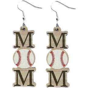 MAMA Sports Ball Wooden Earrings Lightweight Basketball Baseball Football Rugby Love Heart Wooden Sport Mother's Day Earrings for Mom Sports Fans Players Jewelry Gifts