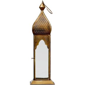 Serene Spaces Living Antique Golden Bronze Square Metal Lantern, Clear Glass Paneled Tealight Holder, Vintage Decor Lantern for Dining Table, Wedding, Holiday, Event, Measures 3" Diameter * 16" Tall