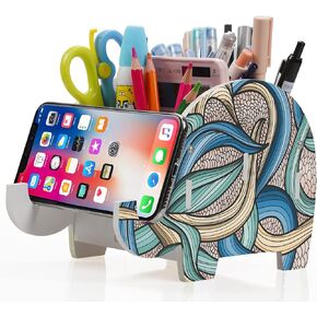 MOKANI Pen Pencil Holder for Desk Cute Elephant Gifts Desk Organizer Marker Makeup Brush Holders Workspace Organizers Office Decor Accessories with Phone Stand Christmas Gifts For Women Men Adults
