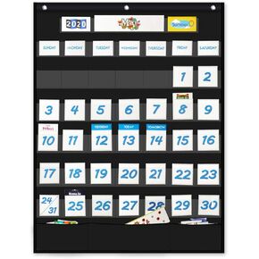 VNOM Calendar Pocket Chart Kids Calendar Learning for Preschool Classroom,119 Multiple Colorful Cards Included,26x34 Inch (Black)