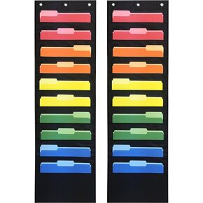 Pack of 2 - Ten Pocket Compact Storage Pocket Chart, Hanging Wall File Organizer Organize Your Assignments, Files, Scrapbook Papers & More (Black) (10 Pocket)
