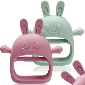 2 Packs Bunny Teething Toys for Babies 0-6 Months,Never Drop Teether for 6-12 Months,100% Food-Grade Silicone Teething Mitten for Babies,Teething Relief for Boys Girls,BPA Free