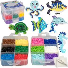 SCS Direct 8,000 pc Fuse Beads Super Kit w/Sea Animal Pegboards & Templates, 12 Colors, 6 Peg Boards, Tweezers, Ironing Paper- Art Craft Project, Kids Birthday Party Gift, School Activity