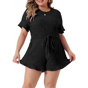 Agnes Orinda Plus Size Rompers for Women 2024 Summer Short Sleeve Cute Ruffle Front Tie Beach Short Jumpsuits