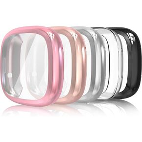 Simpeak 5Pack Full Screen Protector Case Compatible with Fitbit Sense/Versa 3, Soft Slim TPU Plated Bumper Case Compatible with Fit bit Versa3 Sense Smartwatch, Rose Pink/Rose Gold/Clear/Silver/Black