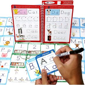 Think2Master Write & Clean Laminated Workbook & Flash Cards - Alphabet, Numbers & Words Reusable Book for PreK & Kindergarten. (1 Dry Erase Marker, 2 Rings). Learn to Read & Write, Count & Add