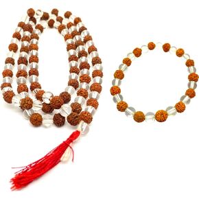 Rudraksha & Crystal Sphatik Beads Bracelet & 108 Beads Knotted Mala Natural Himalaya 5 face Rudraksh Seed, Rosary Crystal, Wrist Mala Wrap, Bracelet Bead Size 7 mm (Pack of 2)