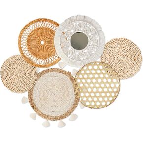 Boho Wall Basket Decor - 6PCS Flat Baskets Wicker Wall Decor for Bohemian Wall Art Bedroom, Living Room or Entryways - Rattan Wall Decor Woven Wall Hanging Display for Farmhouse Decor Settings