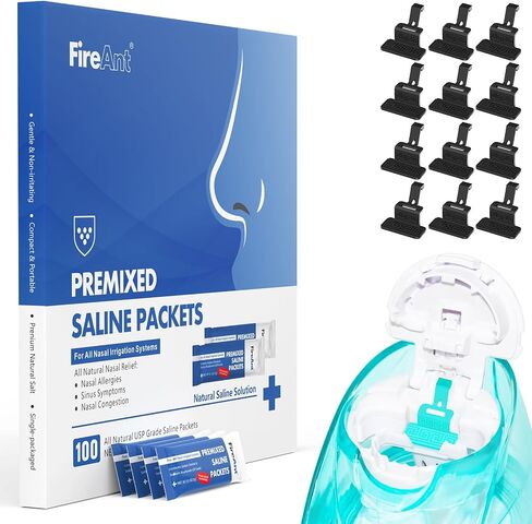 12 Pack Silicone Saline Pods Refills and 100 Count Salt Packets Set, Compatible with Navage Nasal Care. Includes 100 Saline Packets Sinus Rinse + 12 Reusable Salt Pads Refill in Black in Saudi Arabia