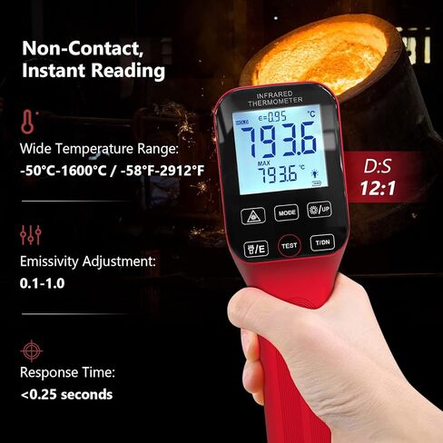 مسدس ميزان الحرارة الذكي بالأشعة تحت الحمراء - مقياس درجة حرارة ليزر رقمي دقيق لقياس درجة حرارة عدم الاتصال من -58 درجة فهرنهايت إلى 2912 درجة فهرنهايت مع نسبة 30:1 ووقت استجابة سريع 0.25 ثانية in Kuwait