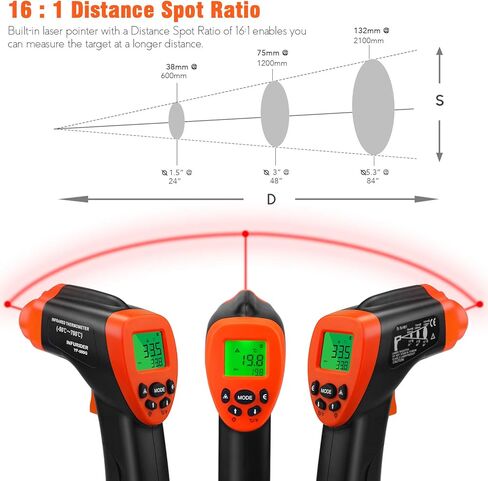 YF-980G ميزان حرارة بالأشعة تحت الحمراء، مسدس درجة حرارة ليزر رقمي غير متصل -58 درجة فهرنهايت -1292 درجة فهرنهايت مقياس درجة حرارة الأشعة تحت الحمراء مع إنذار 16:1 كحد أقصى/دقيقة لطهي فرن البيتزا HVAC 【ليس للبشر】 in Kuwait