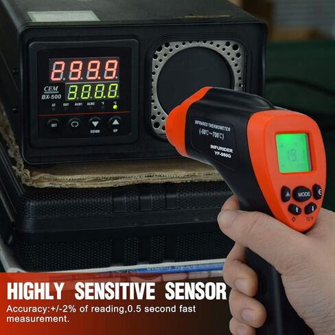 YF-980G ميزان حرارة بالأشعة تحت الحمراء، مسدس درجة حرارة ليزر رقمي غير متصل -58 درجة فهرنهايت -1292 درجة فهرنهايت مقياس درجة حرارة الأشعة تحت الحمراء مع إنذار 16:1 كحد أقصى/دقيقة لطهي فرن البيتزا HVAC 【ليس للبشر】 in Kuwait