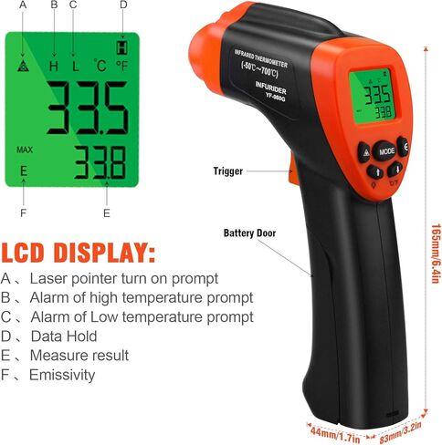 YF-980G ميزان حرارة بالأشعة تحت الحمراء، مسدس درجة حرارة ليزر رقمي غير متصل -58 درجة فهرنهايت -1292 درجة فهرنهايت مقياس درجة حرارة الأشعة تحت الحمراء مع إنذار 16:1 كحد أقصى/دقيقة لطهي فرن البيتزا HVAC 【ليس للبشر】 in Kuwait
