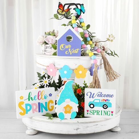 10 Pieces Easter Tiered Tray Decoration Hello Spring Tiered Tray Decor Farmhouse Wood Decor Fresh Flower Market Home Gnome 3D Sign Seasonal Bloom Butterfly Kitchen Wooden Ornament (Flower Style) in Saudi Arabia