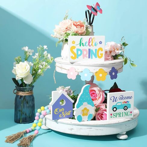 10 Pieces Easter Tiered Tray Decoration Hello Spring Tiered Tray Decor Farmhouse Wood Decor Fresh Flower Market Home Gnome 3D Sign Seasonal Bloom Butterfly Kitchen Wooden Ornament (Flower Style) in Saudi Arabia