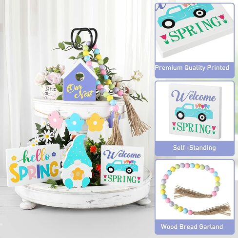 10 Pieces Easter Tiered Tray Decoration Hello Spring Tiered Tray Decor Farmhouse Wood Decor Fresh Flower Market Home Gnome 3D Sign Seasonal Bloom Butterfly Kitchen Wooden Ornament (Flower Style) in Saudi Arabia
