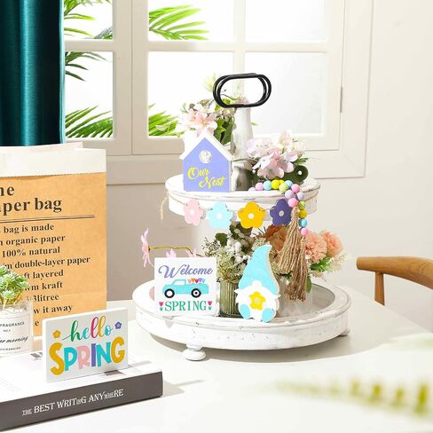 10 Pieces Easter Tiered Tray Decoration Hello Spring Tiered Tray Decor Farmhouse Wood Decor Fresh Flower Market Home Gnome 3D Sign Seasonal Bloom Butterfly Kitchen Wooden Ornament (Flower Style) in Saudi Arabia
