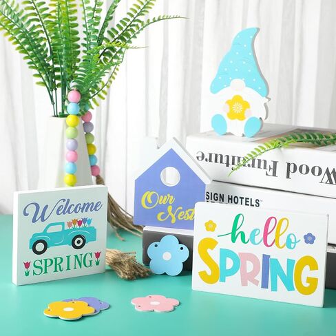 10 Pieces Easter Tiered Tray Decoration Hello Spring Tiered Tray Decor Farmhouse Wood Decor Fresh Flower Market Home Gnome 3D Sign Seasonal Bloom Butterfly Kitchen Wooden Ornament (Flower Style) in Saudi Arabia