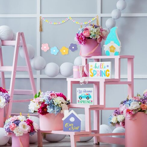 10 Pieces Easter Tiered Tray Decoration Hello Spring Tiered Tray Decor Farmhouse Wood Decor Fresh Flower Market Home Gnome 3D Sign Seasonal Bloom Butterfly Kitchen Wooden Ornament (Flower Style) in Saudi Arabia