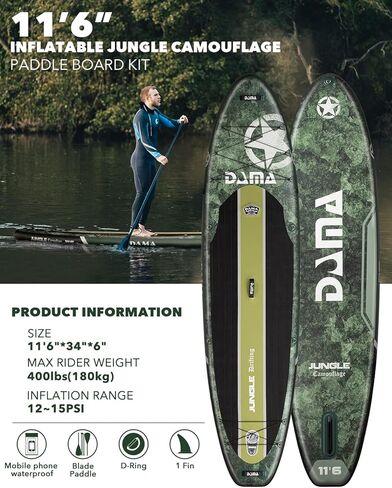 Dama Military Green Board Air Inflatable Stand Up Paddle Board 11‘6“*34" Lightweight & Durable Premium SUP Paddle Board Accessories, Wide Stable Design, Non-Slip Comfort Deck in Kuwait