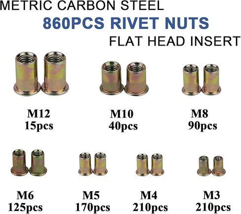مجموعة متنوعة من 860 قطعة من صواميل البرشام، M3 M4 M5 M6 M8 M10 M12 متري من الفولاذ الكربوني المسطح برأس ملولب مجموعة صواميل برشام مع حقيبة حمل متينة in Kuwait