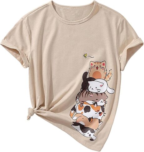 Girl's Summer Tee Tops Cartoon Print Short Sleeve Round Neck Casual Cute T Shirt for Girls in Saudi Arabia