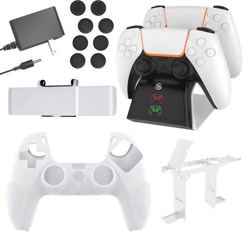 طقم ملحقات 12 في 1 متوافق مع جهاز PS5، حامل شحن وحدة التحكم، غطاء سيليكون لوحدة التحكم، غطاء حماية للخصوصية للكاميرا عالية الدقة مضاد للزقزقة، غطاء عصا تناظري لوحدة التحكم in Kuwait