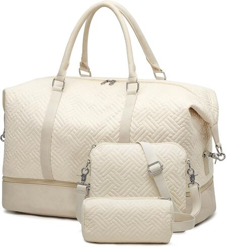 S-ZONE Weekender Bag for Women Canvas Travel Duffel Bags Overnight Bag with Shoe Compartment Carry on Bags for Airplanes 3-IN-1, Beige in Saudi Arabia