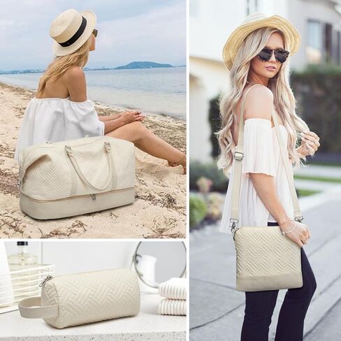 S-ZONE Weekender Bag for Women Canvas Travel Duffel Bags Overnight Bag with Shoe Compartment Carry on Bags for Airplanes 3-IN-1, Beige in Saudi Arabia