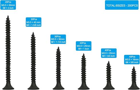مجموعة متنوعة من مسامير الخشب اللولبية للجدران الجافة، رأس مسطح من فيليبس، لمسة نهائية من أكسيد أسود لخشب الحوائط الجافة (#6) M3.5x16/20/25/30/35/40/50، 400 قطعة/7 مقاسات in Kuwait